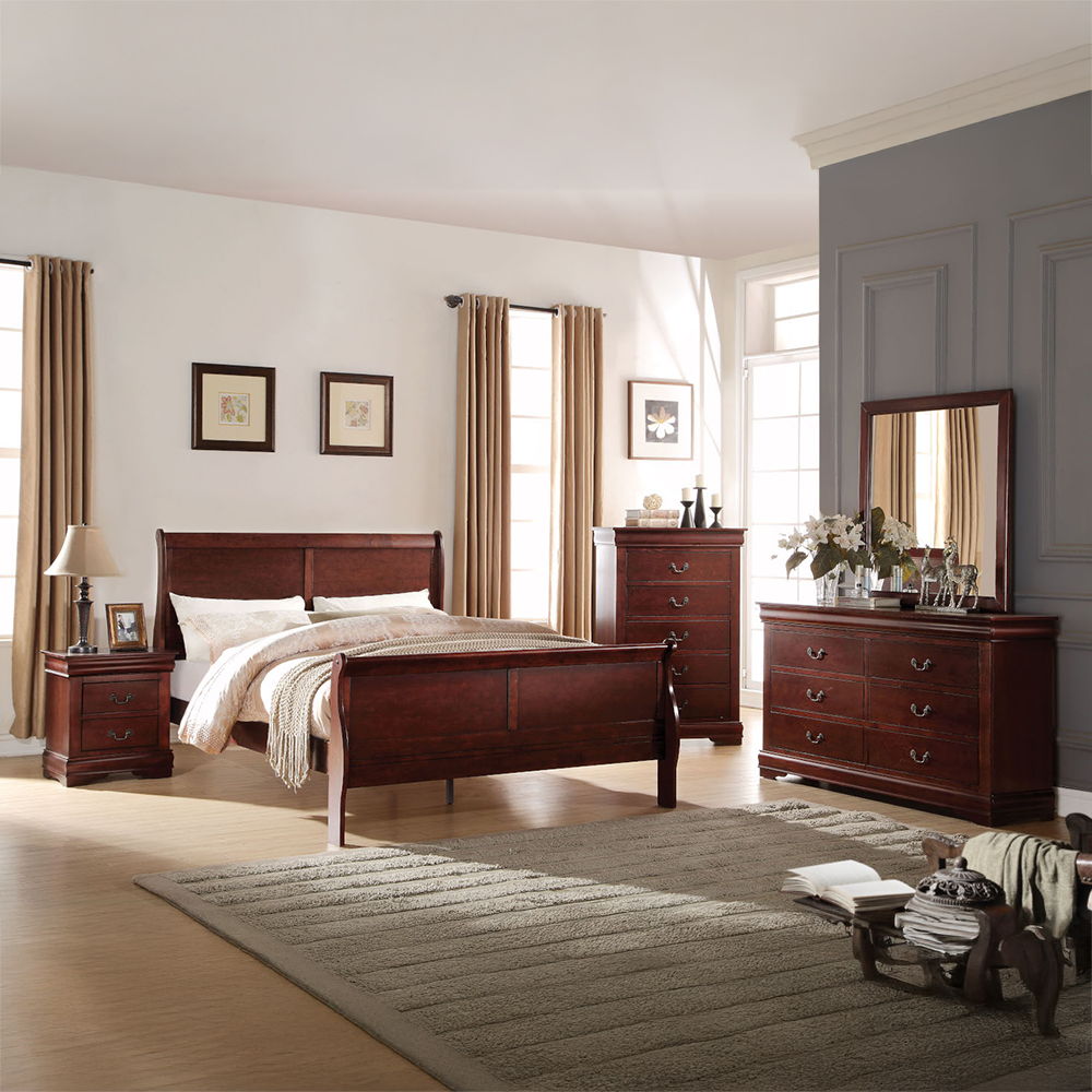 The Louis Philippe Dresser in cherry finish is constructed of solid wood in finish options for customization. It features six drawers with metal drop handle pulls, perfect for storing clothing and bedding. Add the optional mirror to create a complete set<