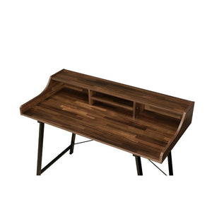  Rectangular Writing Desk â€¢ Storage: 4 Open Comparments â€¢ Wooden Top â€¢ Metal Sawhorse Base with Splayed Leg (Open Base) â€¢â€¢ CONSTRUCTION] Wooden Top: Walnut Finish