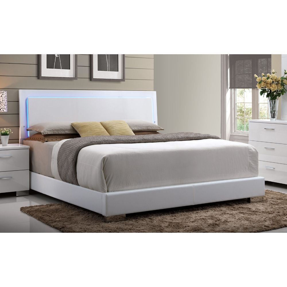 High gloss white finish wraps the Lorimar bedroom collection for a casual yet contemporary look to be added to your home. Featured PU footboard adds different look of this bed increasing variety to your sweet modern master room.<br/><br/><b>Product Featur