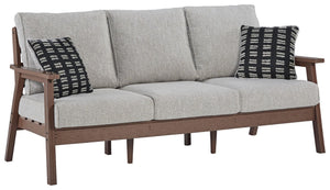Get back to nature with the relaxed styling of this outdoor sofa with cushions. Crafted of MEGA-TUFFÂ® HDPE material, it combines the exceptional durability and weather resistance you need with the â€œwood lookâ€ you love. Rest assured, the cushions are 