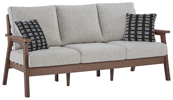 Get back to nature with the relaxed styling of this outdoor sofa with cushions. Crafted of MEGA-TUFFÂ® HDPE material, it combines the exceptional durability and weather resistance you need with the â€œwood lookâ€ you love. Rest assured, the cushions are 