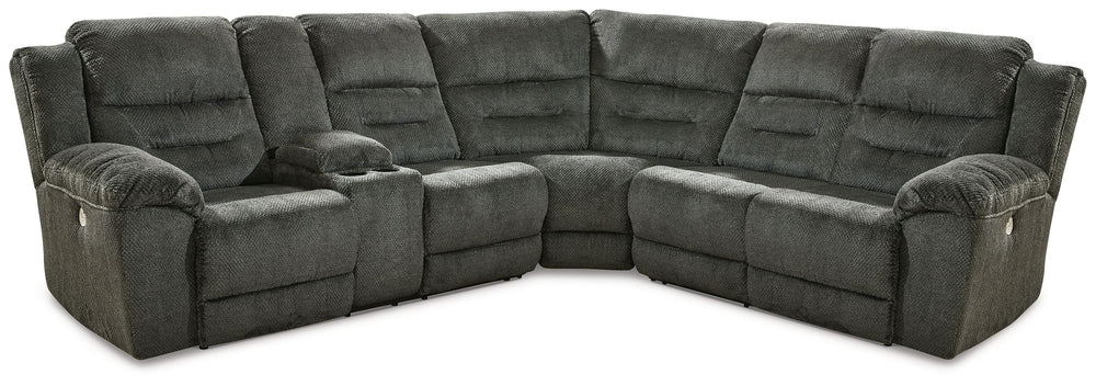 Positively plush fabric joins forces with one-touch power reclining to create this sectional. Its scale is impressive. And its style? Contemporary chic. Richly neutral upholstery keeps the look decidedly on trend. This sectional makes cozy comfort and a c
