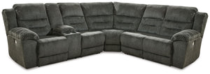 Positively plush fabric joins forces with one-touch power reclining to create this sectional. Its scale is impressive. And its style? Contemporary chic. Richly neutral upholstery keeps the look decidedly on trend. This sectional makes cozy comfort and a c