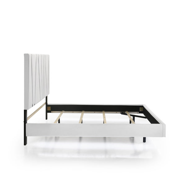  and four mattress support slats. Its sleek design is achieved with a majestic headboard