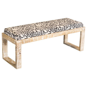 Add a bold, artistic touch to your space with this modern accent bench, featuring a striking black-and-white abstract fabric seat. The solid mango wood frame is finished in a distressed white wash, lending a rustic charm to its contemporary silhouette. Wi