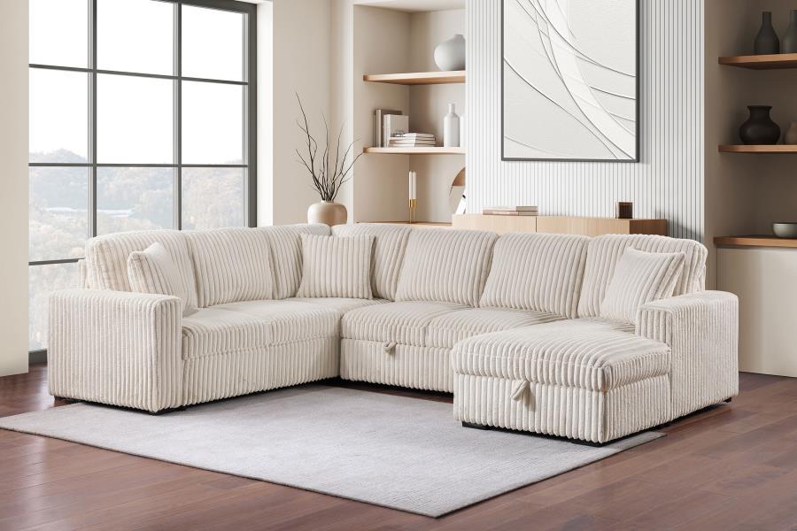 This versatile corduroy sleeper sectional effortlessly converts from cozy seating to a comfortable guest bed with its pop-up sleep surface. A spacious storage chaise keeps essentials at hand, while plush upholstery and three matching pillows provide lasti