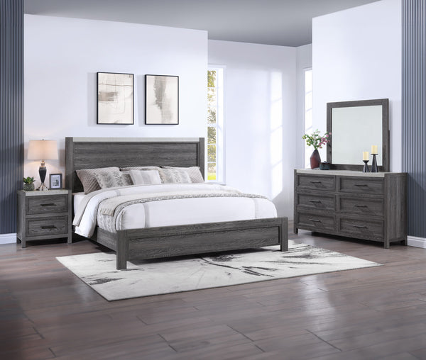 Step into modern simplicity with this bedroom collection that pairs a sleek, gray finish with a streamlined design. The sturdy bed acts as the focal point with a bold yet unadorned headboard, complemented by matching pieces that offer practical storage so