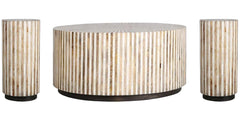 A natural fit for urban and suburban home dÃ©cor, the Downtown round cocktail table offers a casual luxury with a youthful, slightly Boho vibe. Organic yet refined this 38 inch diameter table is made from mango wood and bone inlay in a beautiful radial pa