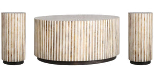 A natural fit for urban and suburban home dÃ©cor, the Downtown round cocktail table offers a casual luxury with a youthful, slightly Boho vibe. Organic yet refined this 38 inch diameter table is made from mango wood and bone inlay in a beautiful radial pa