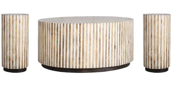 A natural fit for urban and suburban home dÃ©cor, the Downtown round cocktail table offers a casual luxury with a youthful, slightly Boho vibe. Organic yet refined this 38 inch diameter table is made from mango wood and bone inlay in a beautiful radial pa