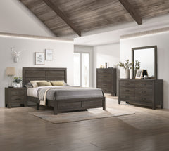 This bedroom collection showcases a rustic yet refined aesthetic, ideal for creating a tranquil and cozy retreat. The ensemble features a robust bed with a clean-lined headboard that brings a touch of rustic charm. The wood grain finish is complemented by