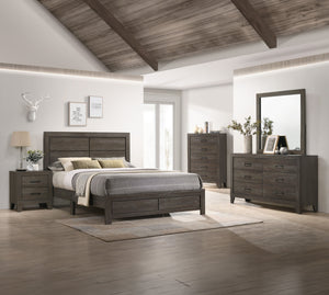 This bedroom collection showcases a rustic yet refined aesthetic, ideal for creating a tranquil and cozy retreat. The ensemble features a robust bed with a clean-lined headboard that brings a touch of rustic charm. The wood grain finish is complemented by