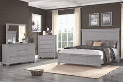 The Jamestown 4-Piece Wood Bedroom Set in Gray seamlessly combines durability, style, and functionality, making it a refined choice for your bedroom. This set includes a Panel Bed, Dresser, Mirror, and Chest of Drawers, each piece expertly crafted from so