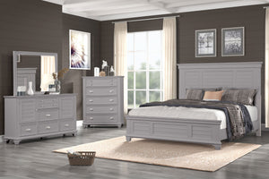 The Jamestown 4-Piece Wood Bedroom Set in Gray seamlessly combines durability, style, and functionality, making it a refined choice for your bedroom. This set includes a Panel Bed, Dresser, Mirror, and Chest of Drawers, each piece expertly crafted from so