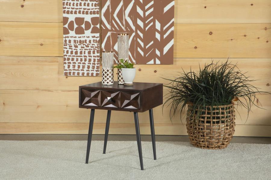 Showcase the striking woodgrains of this solid mango wood accent table, a stylish, eco-friendly addition to a sustainable home. Designed with flared tapered legs that offer an elegant look, this transitional accent table gives of mid-century vibes and an 