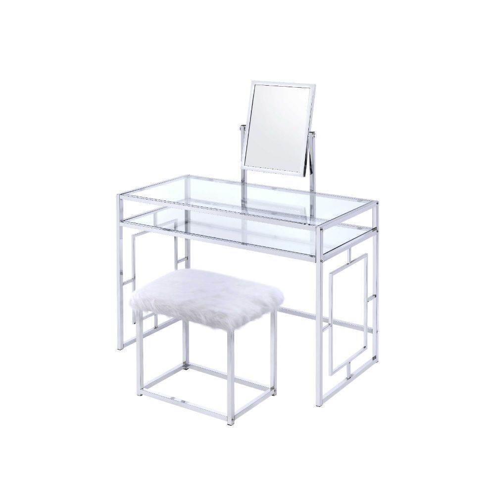Offering plenty of storage with its contemporary style, this Carenze II vanity desk with 1 open compartment & tilt mirror is a perfect choice for getting ready in the morning. Image sitting down in front of this lovely vanity desk to apply your makeup and