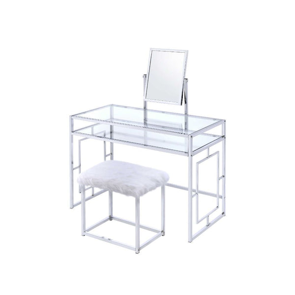 Offering plenty of storage with its contemporary style, this Carenze II vanity desk with 1 open compartment & tilt mirror is a perfect choice for getting ready in the morning. Image sitting down in front of this lovely vanity desk to apply your makeup and