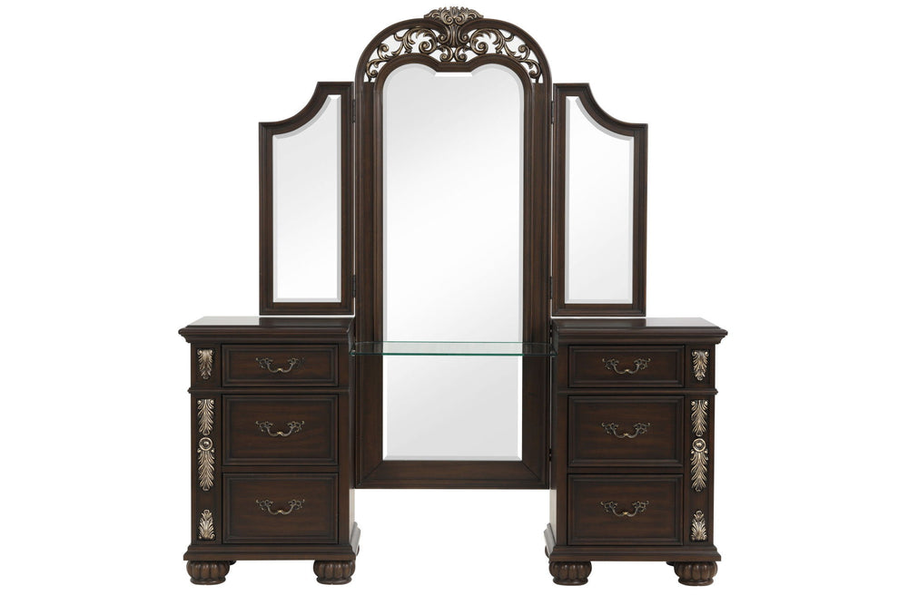 The Royal Classics Maximus Vanity Table in Madeira Brown is a perfect blend of timeless elegance and modern functionality. Meticulously crafted from solid poplar and premium birch veneers, this vanity table is designed for enduring beauty and durability, 