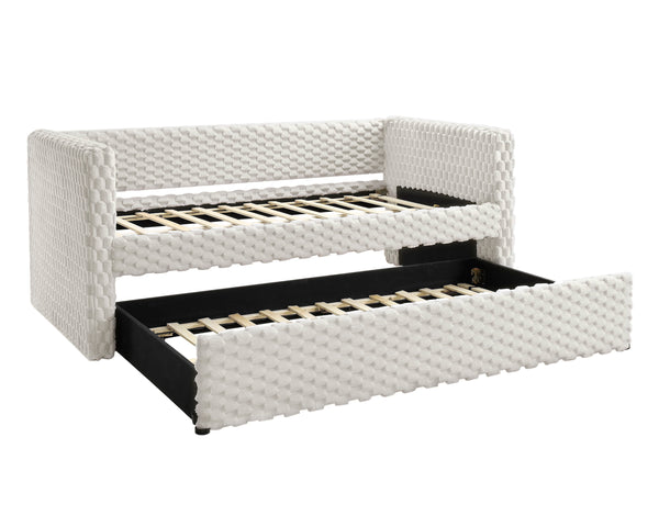  perfect for modern living spaces. The unique textured upholstery in a soft white dove hue makes it an eye-catching piece that doesn-'t compromise on comfort. Designed with a generous seat