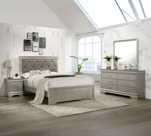 This bedroom set embodies a refined elegance with its soft silver hue and luxurious textures, perfect for creating a serene and sophisticated sanctuary. The centerpiece is a sumptuous bed framed by a headboard with diamond-tufted detailing, offering a tou