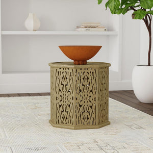  the table boasts an octagonal silhouette that brings grounded energy to surrounding decor. A drum profile is complemented with intricate