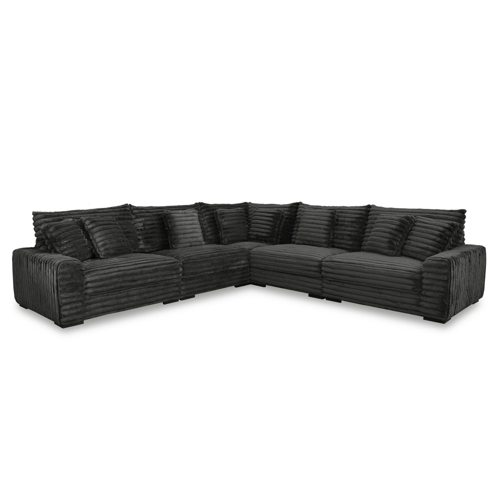 The Embrace 5-Piece Modular Sectional in charcoal gray is an epitome of comfort and style, designed to cater to your lounging needs. It includes a right arm facing chair, a left arm facing chair, two armless chairs, a wedge, and eight accent pillows, all 