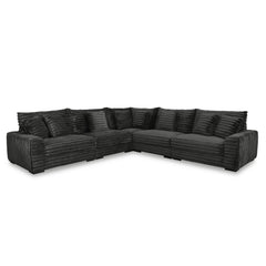 The Embrace 5-Piece Modular Sectional in charcoal gray is an epitome of comfort and style, designed to cater to your lounging needs. It includes a right arm facing chair, a left arm facing chair, two armless chairs, a wedge, and eight accent pillows, all 