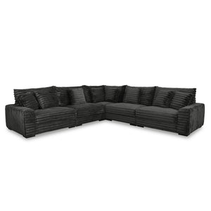 The Embrace 5-Piece Modular Sectional in charcoal gray is an epitome of comfort and style, designed to cater to your lounging needs. It includes a right arm facing chair, a left arm facing chair, two armless chairs, a wedge, and eight accent pillows, all 