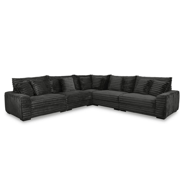 The Embrace 5-Piece Modular Sectional in charcoal gray is an epitome of comfort and style, designed to cater to your lounging needs. It includes a right arm facing chair, a left arm facing chair, two armless chairs, a wedge, and eight accent pillows, all 