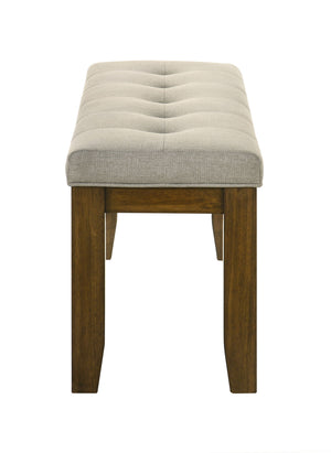  perfect for both casual and formal settings. The tailored chairs and tufted bench are upholstered in a soft neutral fabric