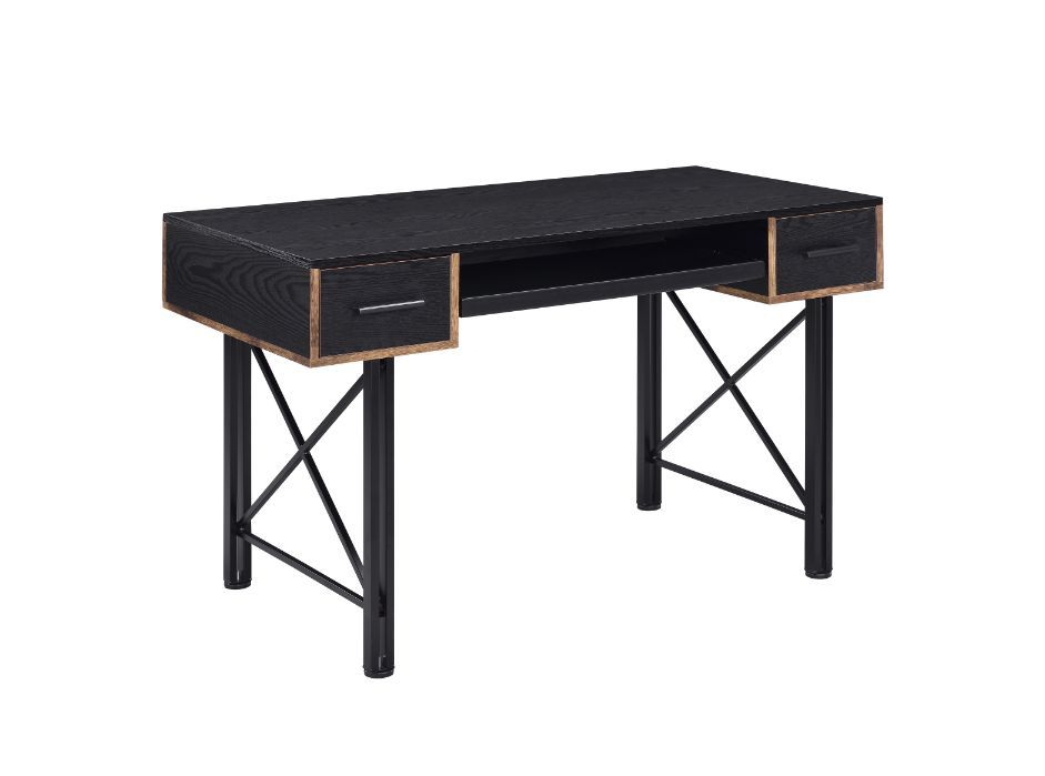 The Settea Desk bring a mix-and-match look with distressed casegood and black metal frame. Found atop a double pedestal base, It is accented with metal trim and -"X-" shpaed support for industrial details. The rectangular table is designed for a spacious 