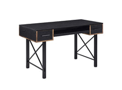 The Settea Desk bring a mix-and-match look with distressed casegood and black metal frame. Found atop a double pedestal base, It is accented with metal trim and -"X-" shpaed support for industrial details. The rectangular table is designed for a spacious 
