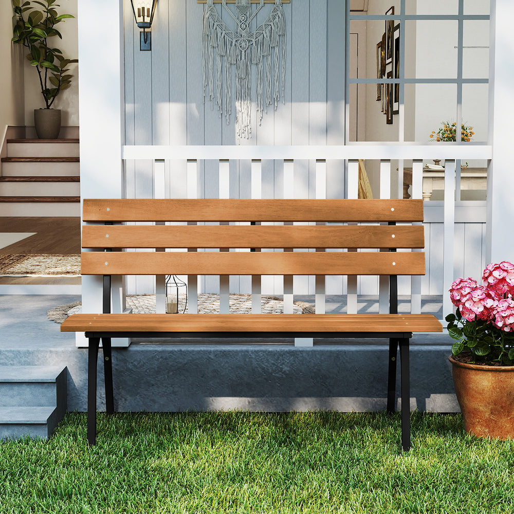 Crafted from solid acacia wood for high strength and lasting durability<br>Curved seat and tilted backrest for ergonomic comfort<br>Heavy-duty metal frame with reinforced structure for greater stability<br>Adjustable foot pads keep it steady on slightly u