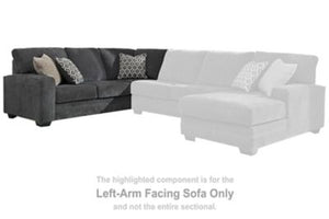 This left-arm facing sofa is made with polyester upholstery. Pairs with other items in the series to make a sectional.<br><br><b>Additional Dimensions</b><br><ul><li>Seat depth: 23-"</li><li>Seat height: 21-"</li><li>Arm height: 26-"</li><li>Leg height: 3