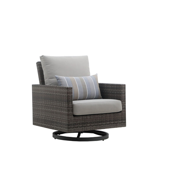 The Bungalow Patio Swivel Club Chair with Accent Pillow, sold in a set of two, brings together durability, comfort, and functionality for a premium outdoor experience. Constructed with a robust aluminum frame and finished with a baked-on powder coat, this