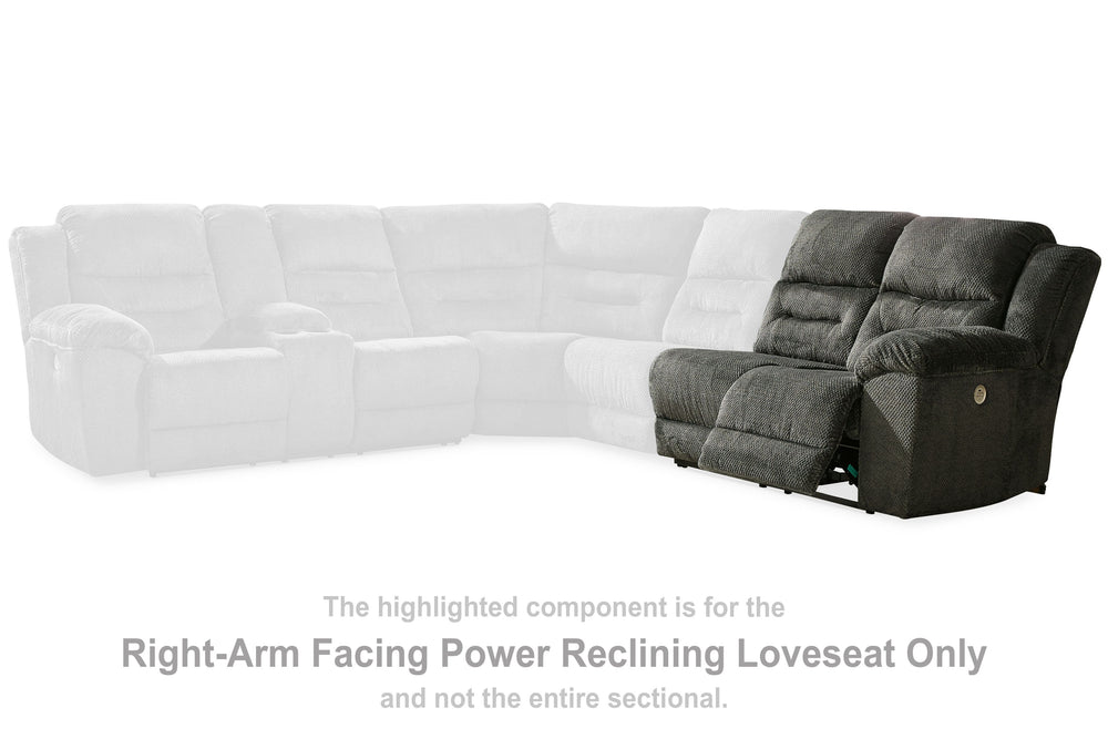 This right-arm facing power reclining loveseat is made with polyester upholstery. Pairs with other items in the series to make a sectional.<br><br><b>Additional Dimensions</b><br><ul><li>Arm height: 27-"</li><li>Seat depth: 22-"</li><li>Seat height: 20-"<