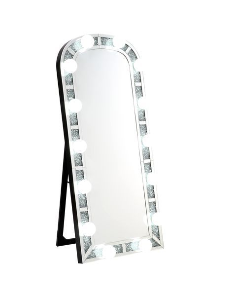 Accent Floor Mirror Hollywood Mirror Bulbs Not Included Beveled Mirrored Frame Trim: Faux Diamond Inlay & Clear Glass<br/><br/><b>Product Features</b><ul><li>Accent Floor Mirrorâ€§ Hollywood Mirrorâ€§ Bulbs Not Includedâ€§ Beveled Mirrored Frameâ€§ Trim: 