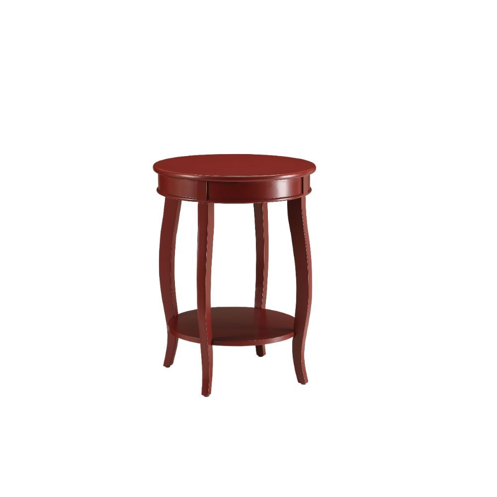 This Alberta side table will be your favorite accent piece with its round top form and stylized legs. Offered in four different colors: Antique White, walnut, red, and teal. One is sure to fit perfect with your style.<br/><br/><b>Product Features</b><ul><