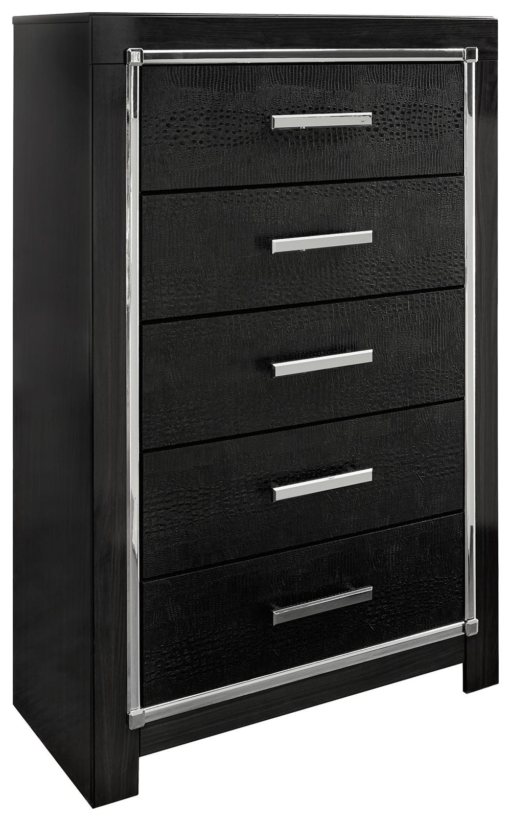Rest easy. The luxurious look youâ€™ve been dreaming of is yours for the taking, at a price sure to put you at ease. This striking chest of drawersâ€™ deep, dark finish, faceted chrome-tone accents and faux alligator panels exude Hollywood-chic style to t