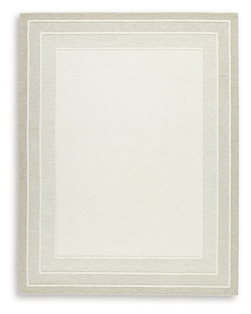 With its simple border design and soft, neutral color palette, this hand-tufted rug brings a touch of casual elegance to your abode. Its plush wool pile feels luxuriously soft underfootâ€”perfect for adding warmth and texture to your entertainment area, b