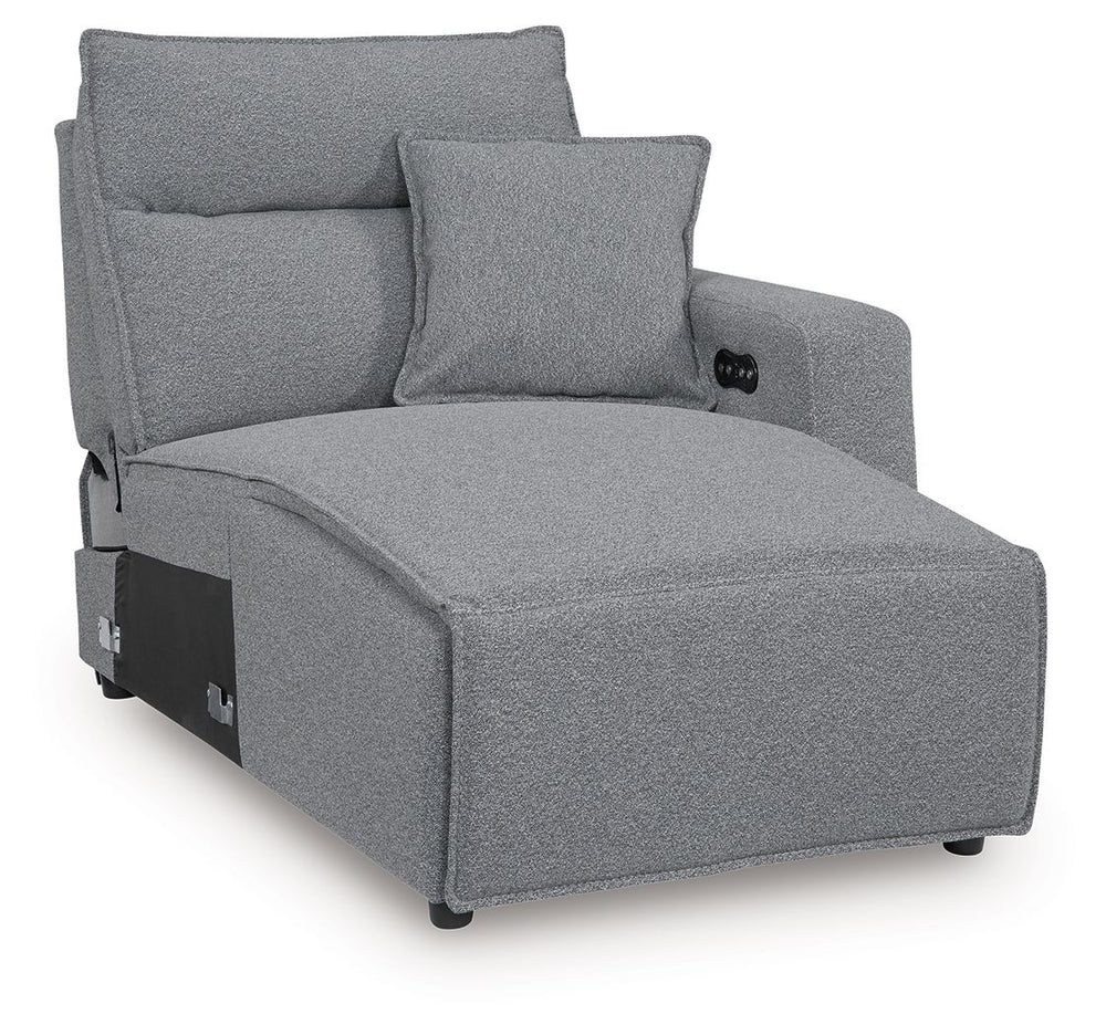 This right-arm facing power reclining back chaise is made with Next-Gen Nuvellaâ„¢ fade-resistant, washable fabric. Pairs with other items in the series to make a modular sectional.<br><br><b>Additional Dimensions</b><br><ul><li>Arm height: 26-"</li><li>S