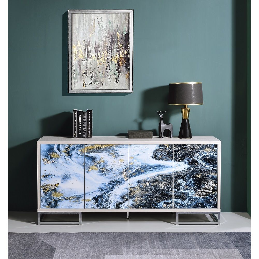 Introducing our stunning Liam console cabinet - the perfect addition to any modern home. With its white-washed oak finish and blue and gold marble printed door fronts, this cabinet is both stylish and functional. The unique combination of colors and textu