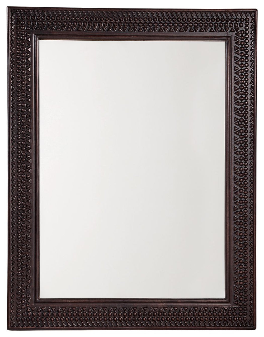 Reflect your taste for richly relaxed style with this accent mirror. The frame-'s carved details bring visual intrigue without being too flashy, while the dark brown finish has a universal appeal.<br/><br/><b>Product Features</b><ul><li>Made with wood</li