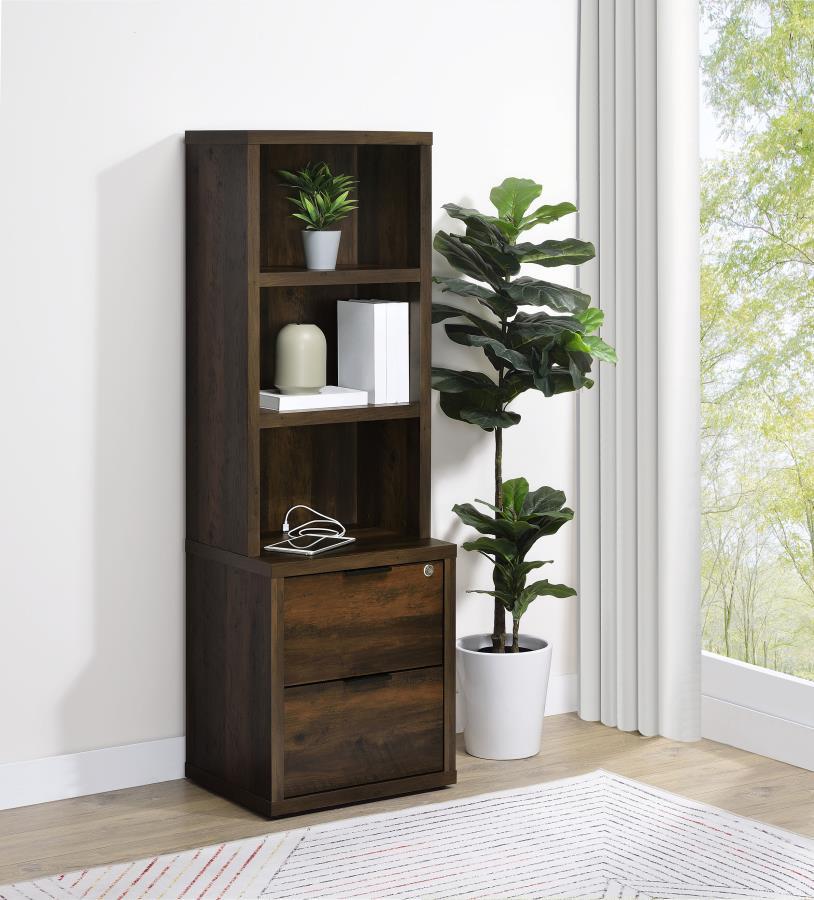 Enhance your home organization with this multifunctional bookcase, featuring a wood-inspired finish. Equipped with three open shelves and two drawers, it offers a mix of display and hidden storage options. The top drawer includes a secure locking mechanis