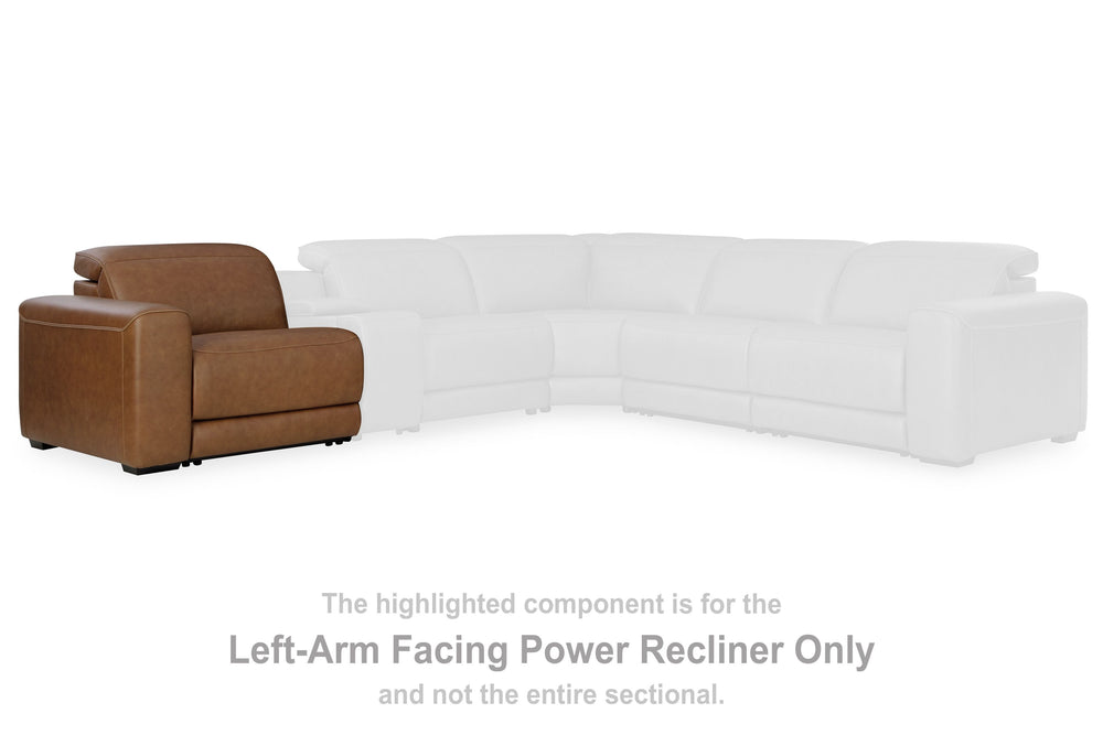 This left-arm facing power recliner is made with leather and faux leather upholstery. It pairs with other items in the series to make a modular sectional.<br><br><b>Additional Dimensions</b><br><ul><li>Seat width: 30.75-"</li><li>Seat depth: 20.75-"</li><