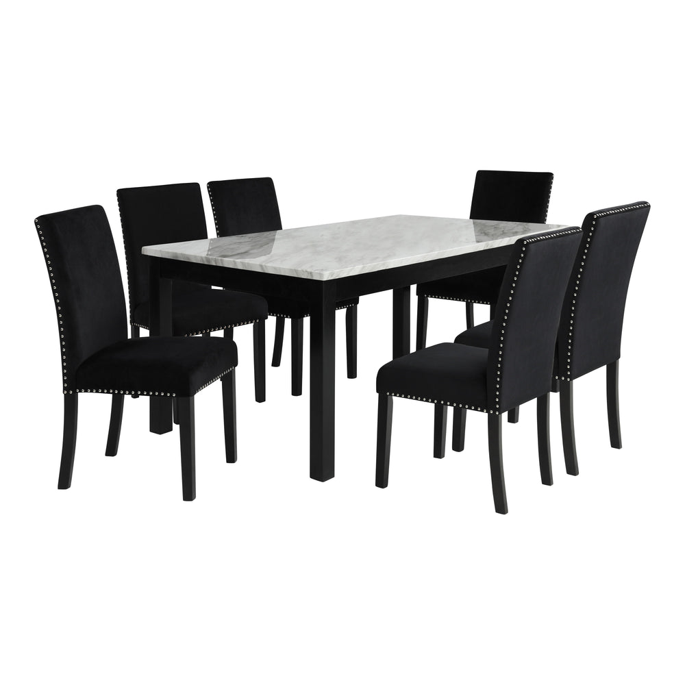 The Celeste 5-Piece Dining Set is a picture of modern luxury and enduring craftsmanship. This set includes a striking 64-inch dining table with an espresso base and a faux marble top, accompanied by six exquisite black velvet chairs. Crafted from solid Ru