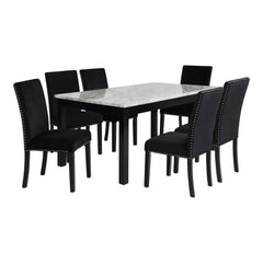 The Celeste 5-Piece Dining Set is a picture of modern luxury and enduring craftsmanship. This set includes a striking 64-inch dining table with an espresso base and a faux marble top, accompanied by six exquisite black velvet chairs. Crafted from solid Ru