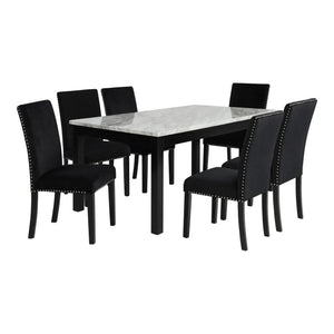 The Celeste 5-Piece Dining Set is a picture of modern luxury and enduring craftsmanship. This set includes a striking 64-inch dining table with an espresso base and a faux marble top, accompanied by six exquisite black velvet chairs. Crafted from solid Ru