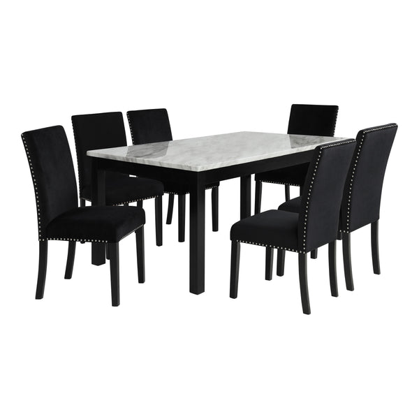 The Celeste 5-Piece Dining Set is a picture of modern luxury and enduring craftsmanship. This set includes a striking 64-inch dining table with an espresso base and a faux marble top, accompanied by six exquisite black velvet chairs. Crafted from solid Ru