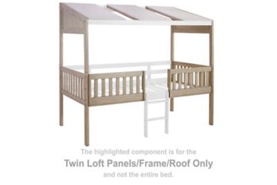 This twin loft panels/frame/roof set is made with wood, engineered wood and decorative laminate. Pairs with other items in the series to make a bed kit.<br/><br/><b>Product Features</b><ul><li>Compatible with other B081 items, sold separately</li></ul><br